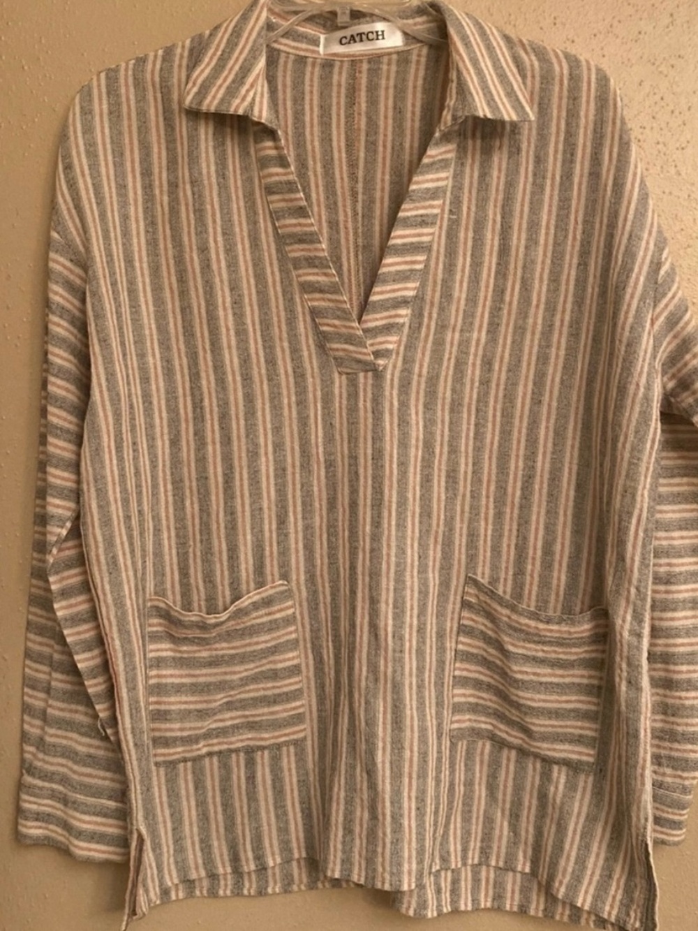 CATCH Striped V-Neck Pocket Pullover — Beige, Gray & White